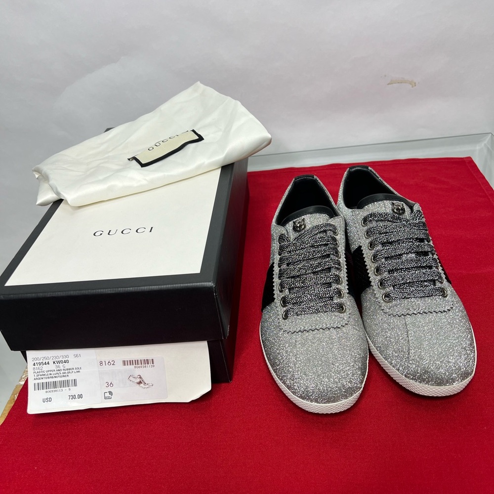 Gucci Glitter Bambi Web Silver Ace Sneakers Shiny - Picture 1 of 10